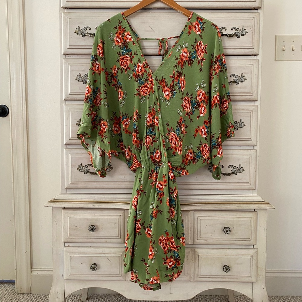 Green Floral Pocketed Romper